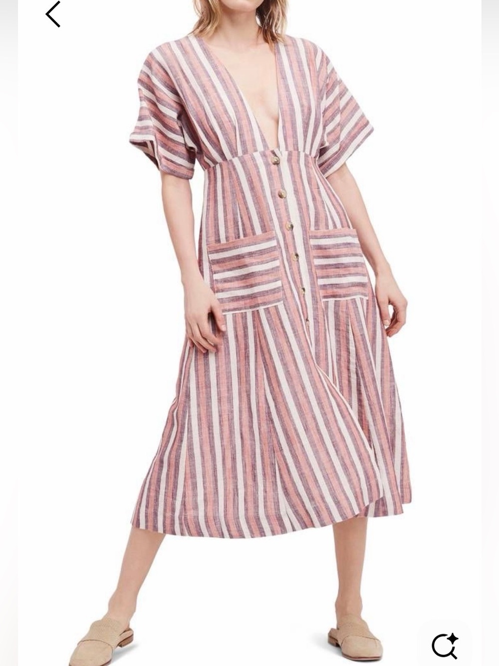 FREE PEOPLE Monday Stripes Linen Blend Midi Dress with Matching Tie Belt, Small